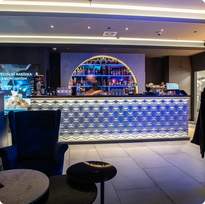 Bar counter and seating in the cosmic interior of Stars